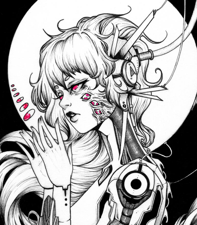 Ink painting of a cybernetic woman with exposed internal gears and metal bones