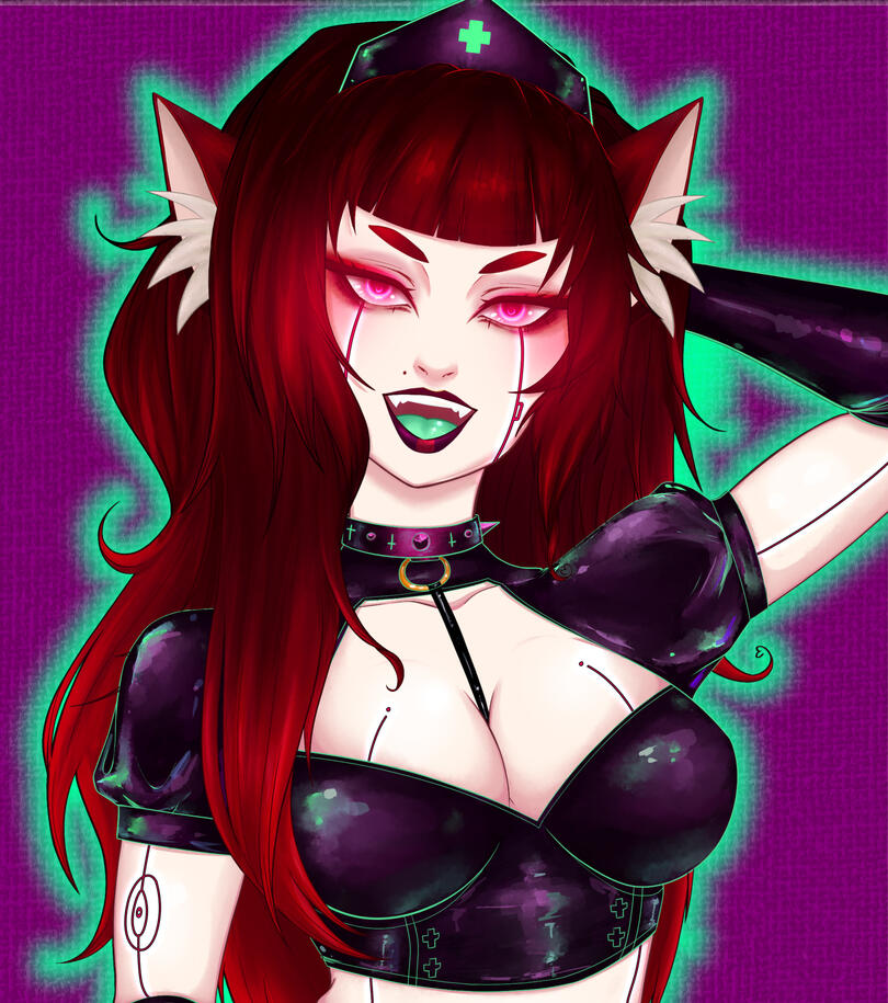 PNG model of red haired cat girl in a black latest nurse outfit